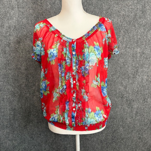 Abercrombie & Fitch Tops - Abercrombie & Fitch Floral Ruffle Blouse Womens L Red Sheer Y2K Boho